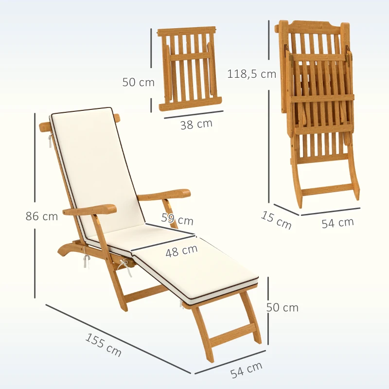 Outsunny Tumbona plegable con cojín de madera de acacia, con reposapiés, soporta hasta 160 kg, 155x54x86 cm, blanco