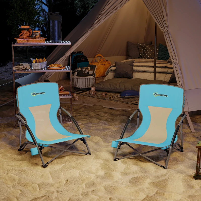 Outsunny Lote de 2 sillas de playa plegables sillas camping ligeras saco de transporte portavasos 58x55x62 cm azul