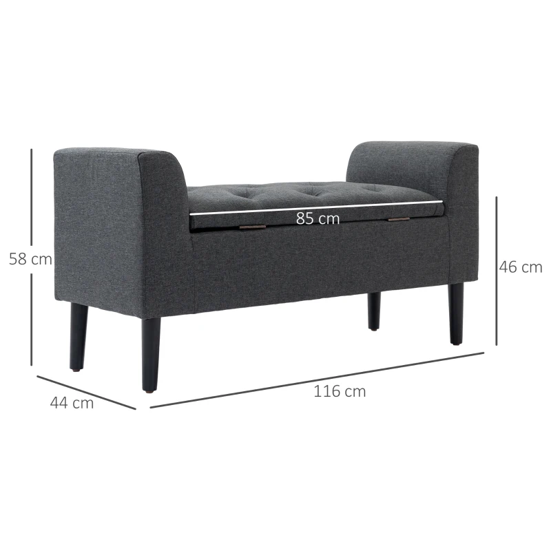 HOMCOM Taburete con almacenamiento, banco acolchado con imitación de lino, patas de madera, banco para cama con capacidad de 130 kg