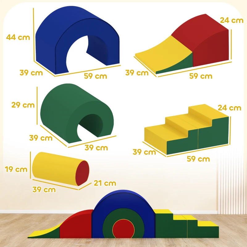AIYAPLAY 5-delige set zachte bouwstenen voor baby's & peuters, schuim, kunstleer, 5 creatieve vormen, Indoor set voor klimmen, kruipen, spelen, Kleurrijk(m-3)