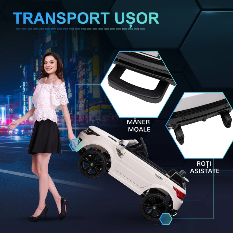 HOMCOM Mașinuță Electrică pentru Copii cu Motor Dublu, Suspensie și Telecomandă, 110x68x52 cm, Alb(m-7)