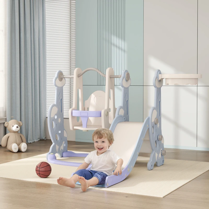 AIYAPLAY Parque infantil interior 4 en 1, Set de Columpio y Tobogán para Niños, Canasta de Baloncesto, Diseño de Cohete, Plástico, Azul