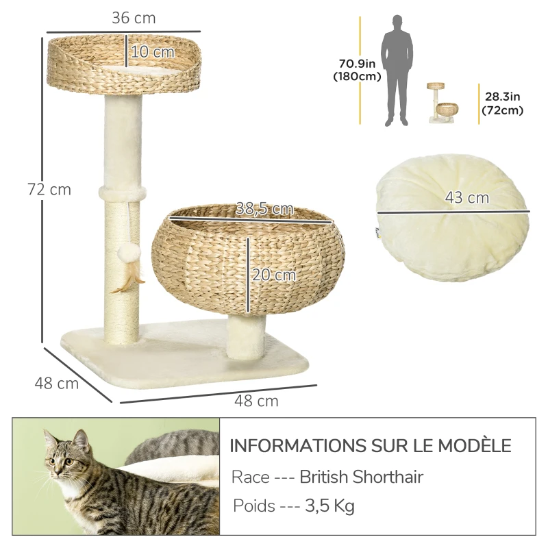 PawHut Árbol rascador para gatos 2 niveles altura 72 cm poste sisal con cueva y plataforma 1 bola suspendida