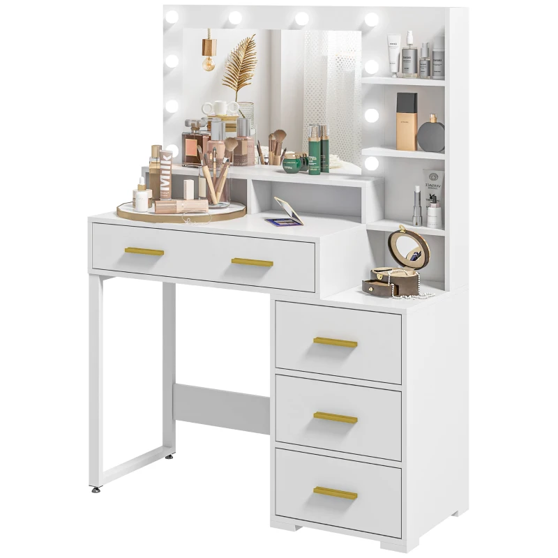 HOMCOM Tocador con espejo y 9 luces LED, 4 cajones y 6 compartimentos abiertos, 100x40x138 cm, Blanco