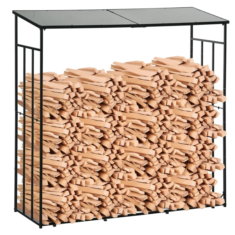 Outsunny Cobertizo de leña soporte para leña estante en metal y policarbonato 185x67x185 cm Negro