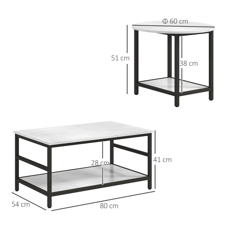 HOMCOM Conjunto de mesa de centro, 2 mesas auxiliares, acabado en mármol, patas ajustables, acero, Negro/Blanco