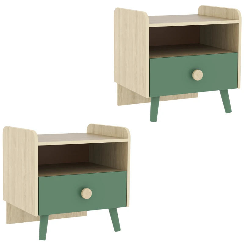 Lot de 2 tables de chevet enfant, tables de nuit enfant avec tiroir et niche, pour chambre d'enfant, 40x32,5x40cm, vert