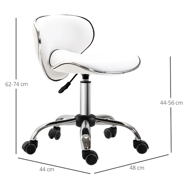HOMCOM Taburete con ruedas taburete de trabajo con altura ajustable 44-56 cm y respaldo, giratorio 360°, Blanco