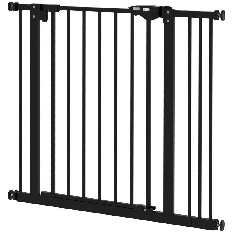 PawHut Puerta de Seguridad para Perros, Barrera Protectora, Barrera para Mascotas, Metal, Plástico, 74-87 cm, Negro
