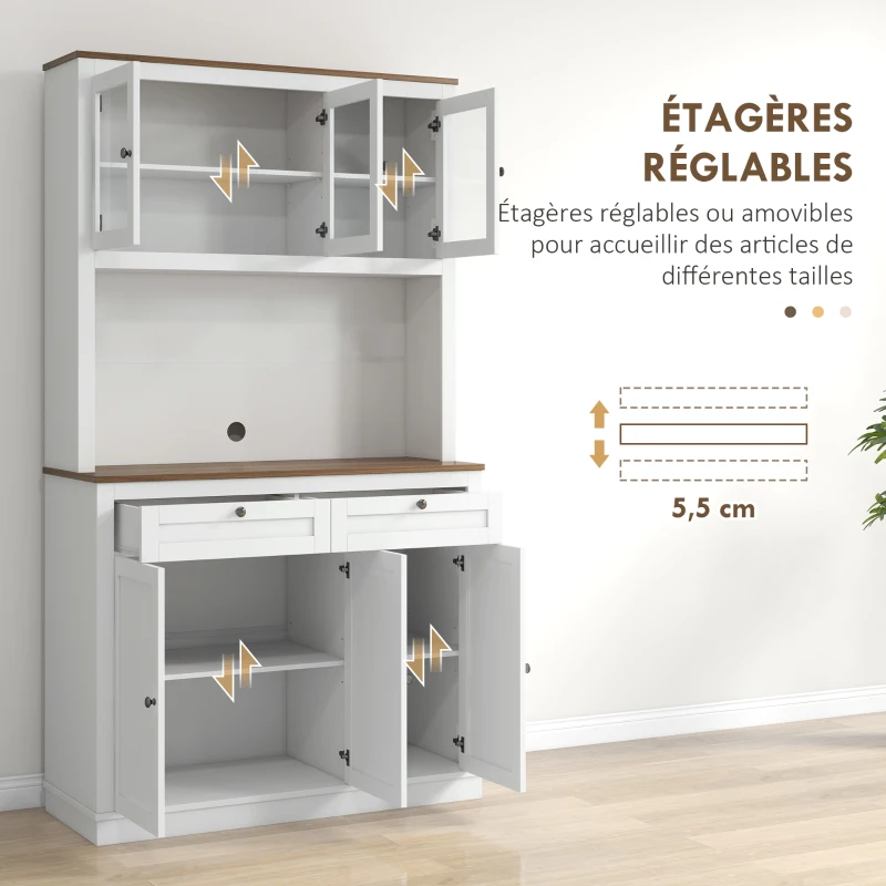 HOMCOM Buffet haut cuisine, armoire de cuisine, 6 portes, 2 tiroirs, plan de travail, étagères réglables, 100x40x180cm, blanc(m-5)