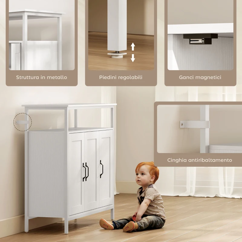 HOMCOM Credenza da Cucina con Ripiano Aperto e 2 Armadietti, in Legno e Acciaio, 100x35x88 cm, Bianco