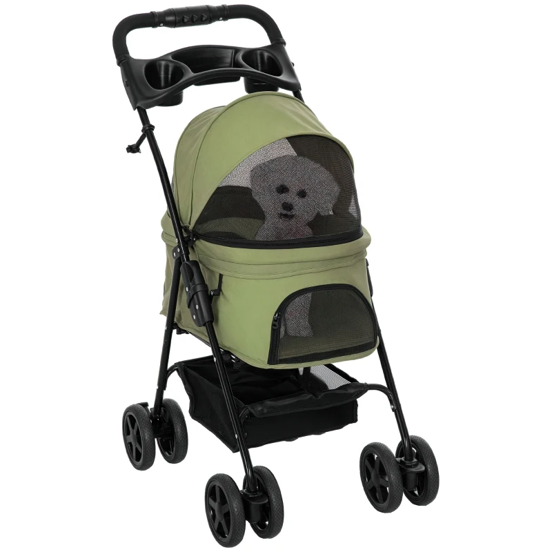 PawHut Carriola plegable para perro gato con cesto de almacenamiento portavasos tela 300D Oxford impermeable 4 ruedas Verde