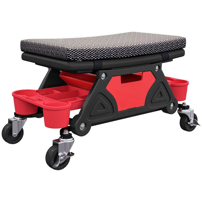 HOMCOM Taburete de taller móvil 135 kg, taburete de mecánico con ruedas giratorias a 360°, 64,5x33x35 cm, Negro
