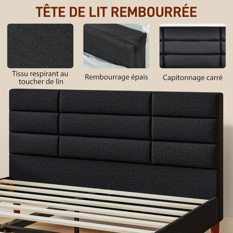 HOMCOM Cadre de lit double 2 personnes avec sommier à lattes et tête de lit capitonnée compatible matelas 140 x 200 cm noir