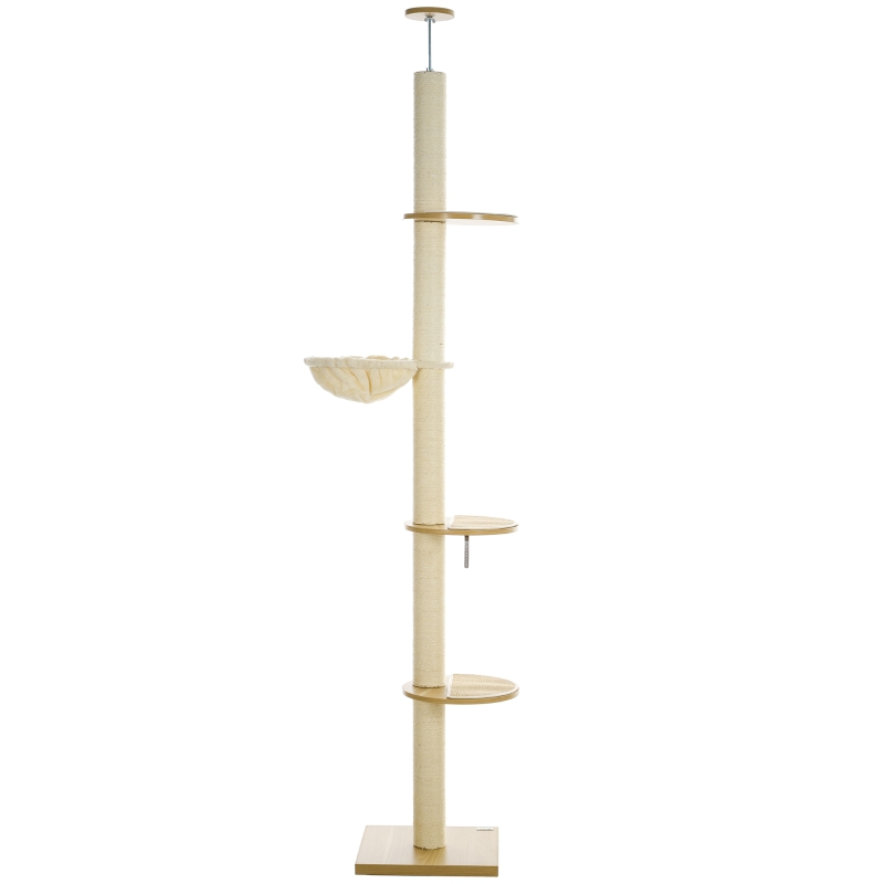 PawHut Rascador de Techo Alto, Seguro antivuelco, Poste de cuerda de sisal, Tablero de madera, Roble+Blanco Crema