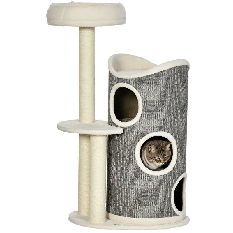 PawHut Árbol Rascador con cama para gatos y tina rascadora para gatos, 60x44,5x109 cm, Gris + Natural + Blanco