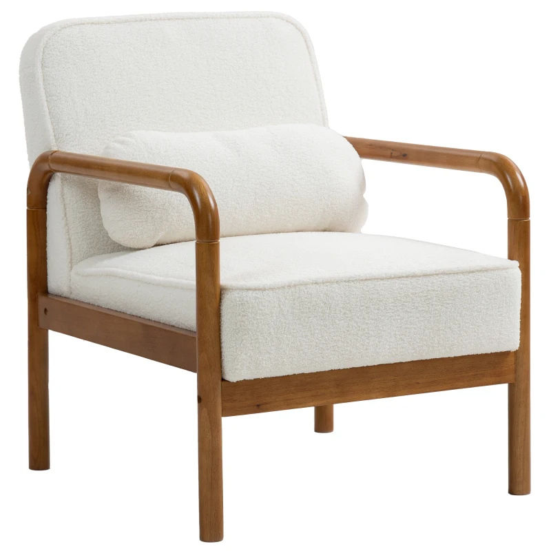 HOMCOM Sillón de salón en tela de bouclé con cojín y marco de madera de caucho, para habitación, salón, comedor, blanco
