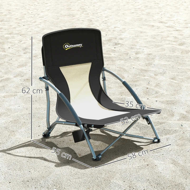 Outsunny Silla de playa plegable silla camping plegable ligera bolsa de transporte portavasos 58x55x62 cm Negro