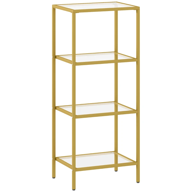 HOMCOM Mueble Estantería de 4 Niveles Minimalista en Metal y Vidrio Templado, 40x30x96.5 cm, color Oro