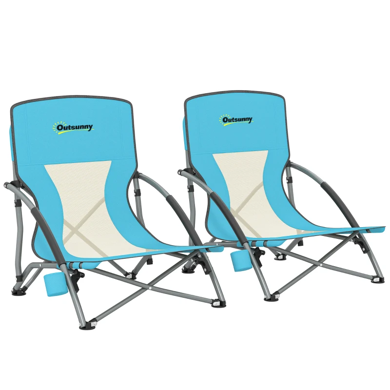 Outsunny Lote de 2 sillas de playa plegables sillas camping ligeras saco de transporte portavasos 58 x 55 x 62 cm azul