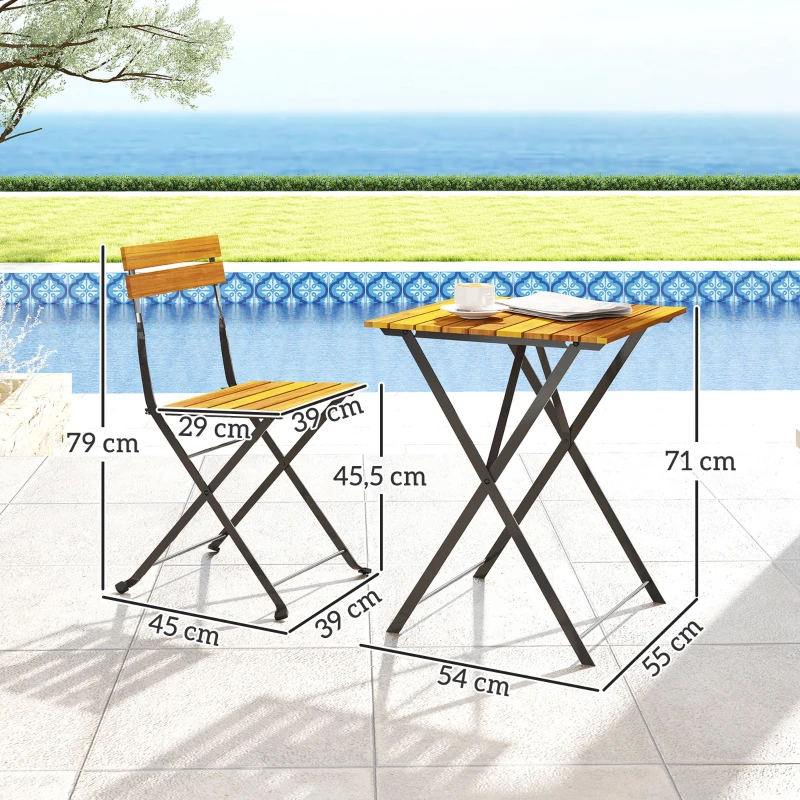Outsunny Conjunto bistró de jardín 3 piezas con 2 sillas y mesa auxiliar de madera de acacia y acero efecto madera natural