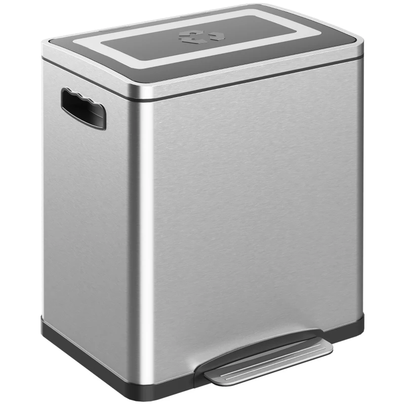 HOMCOM Cubo de Basura de Cocina 2 Compartimentos de 2x15L, con Pedal, de Acero Inoxidable, Tapa de Cierre Suave