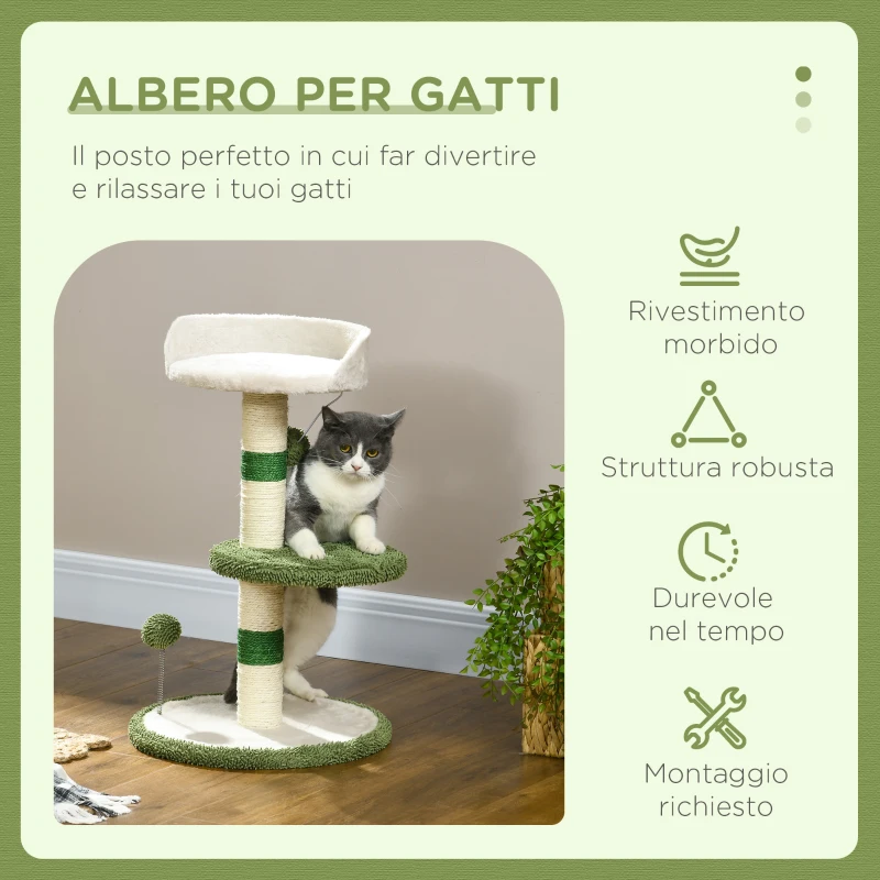 PawHut Albero Tiragraffi con Lettino per Gatti, 2 Palline, Piattaforma e Palo in Sisal, Verde e Bianco