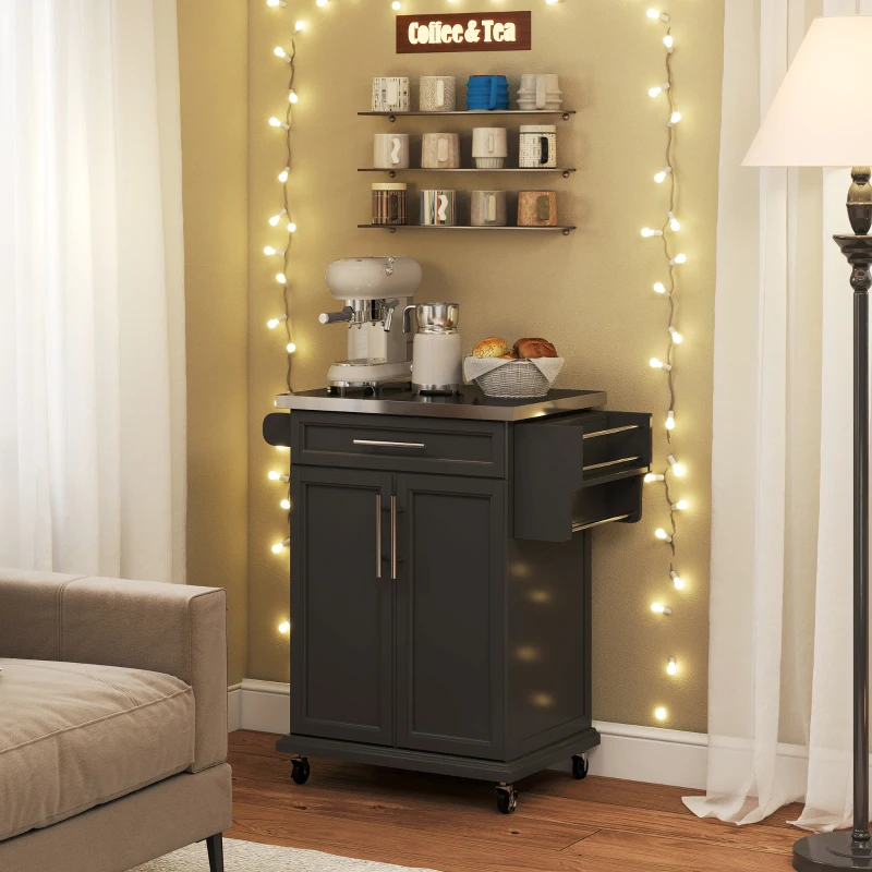 HOMCOM Dessert cuisine desserte à roulettes îlot central cuisine avec plateau en acier inox, étagère réglable, tiroir, porte-épices, porte-couteaux, 83,5 x 45,7 x 90,5 cm, noir