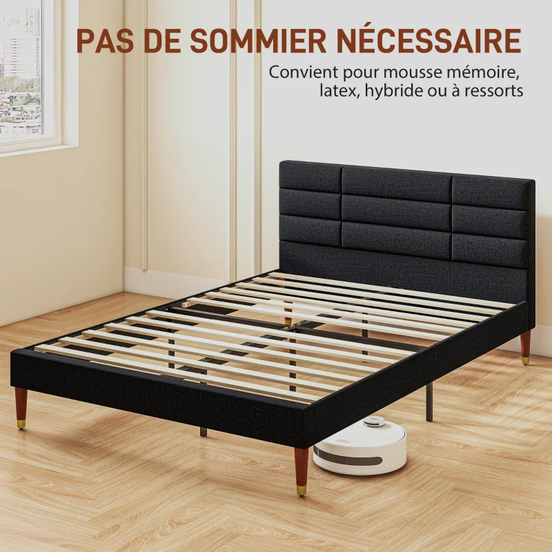 HOMCOM Cadre de lit double 2 personnes avec sommier à lattes et tête de lit capitonnée compatible matelas 140 x 200 cm noir