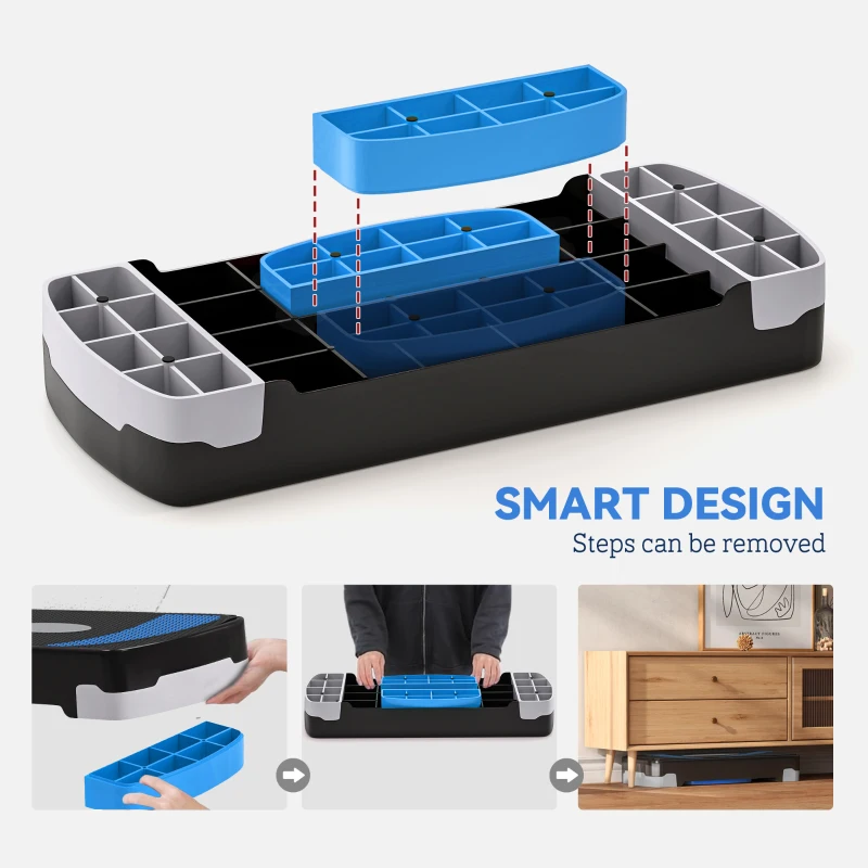 HOMCOM Aerobic Fitness Step, Stepper reglabil la 3 inaltimi 10-15-20 cm pentru antrenament acasa si la sala, albastru si negru
