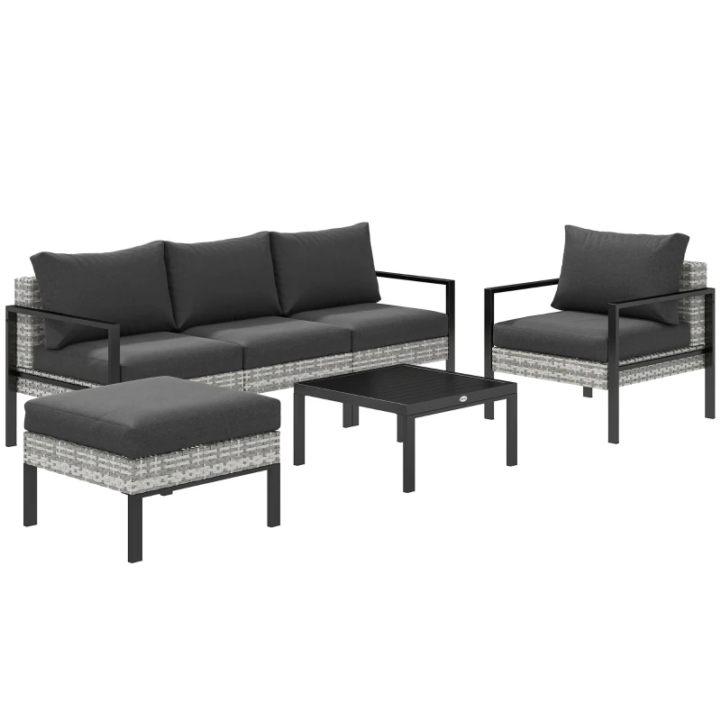 Outsunny Conjunto de jardín exterior para 5 personas, salón de balcón de ratán sintético con sillones, taburete y mesa de centro Gris