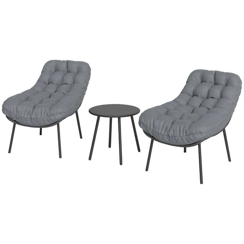 Outsunny Conjunto de Jardín exterior de ratán sintético para 2 personas muebles de jardín cojines de 15 cm de grosor Gris