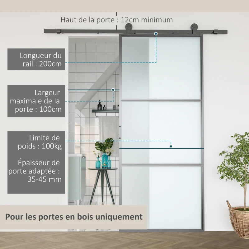 HOMCOM 200CM Quincaillerie porte coulissante, rail porte coulissante de 100 cm de large, épaisseur 35-45 mm, charge 100 kg