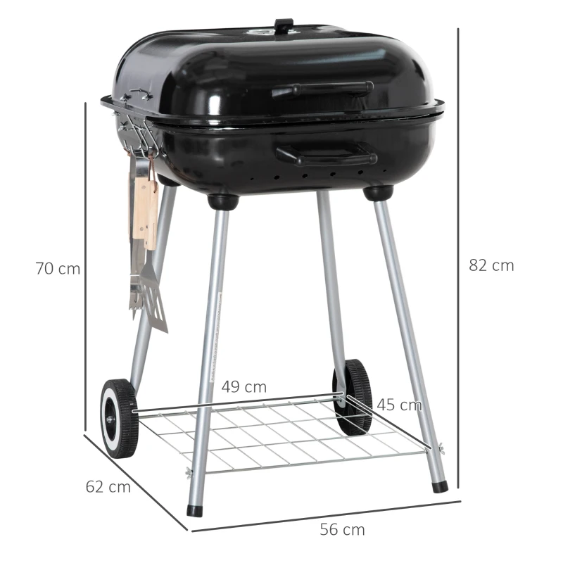 Outsunny Barbacoa de Carbón BBQ con 2 ruedas, utensilios, tapa y estante dim, 56x62x82H cm - metal esmaltado Negro