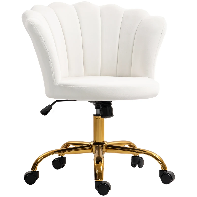 HOMCOM Silla de oficina de terciopelo, silla de tocador con respaldo en pétalo, altura ajustable, 69 x 64 x 80-90 cm, blanco