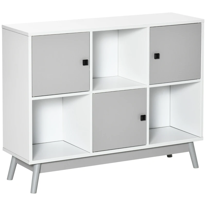 HOMCOM Buffet, meuble de rangement avec 3 portes et 3 compartiments ouverts, pieds en bois de pin, 96x30x75cm, blanc et gris