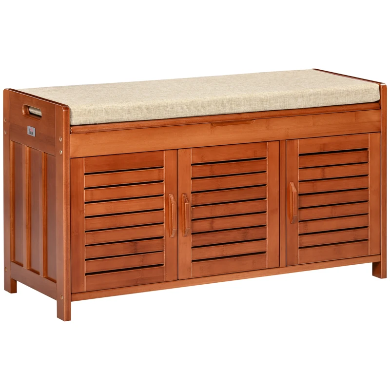 HOMCOM Banc de zapatos mueble de zapatos de bambú con cojín de asiento, 3 puertas y compartimento oculto, marrón