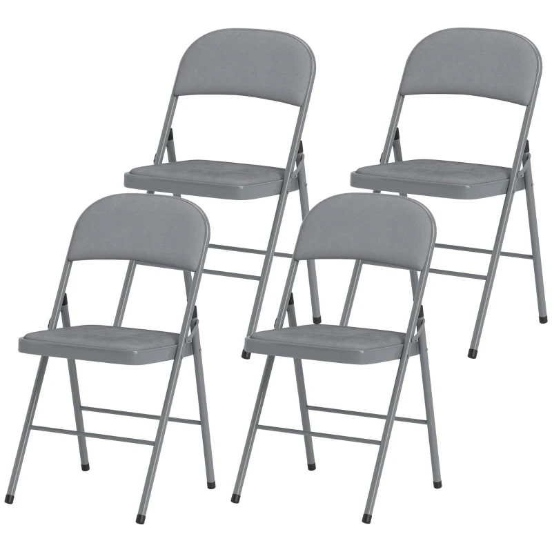 HOMCOM Lote de 4 sillas plegables y portátiles interior con asientos y respaldos acolchados de terciopelo, estructura de acero, Gris
