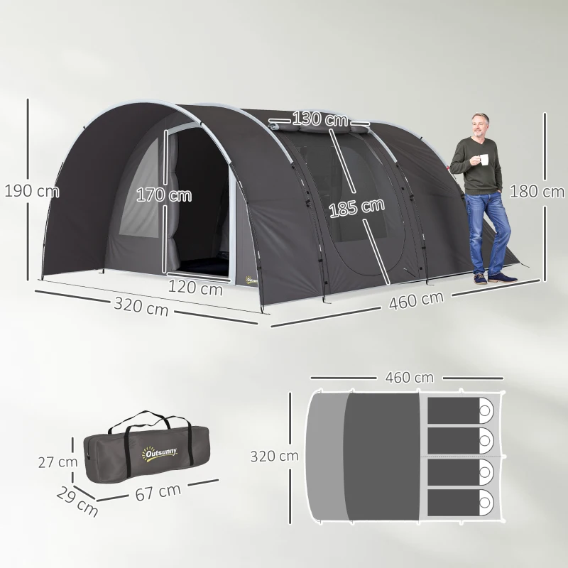 Outsunny Tienda de camping con porche para 4 a 6 personas ligera ventilada impermeable 5,000 mm montaje fácil bolsa de transporte Gris