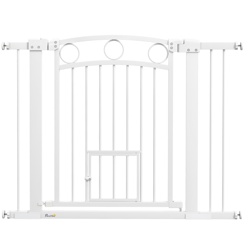 PawHut Puerta para Mascotas, 77 cm Barrera de Escalera, Ancho Ajustable 76-104 cm, con Puerta para Gatos, para Escaleras y Aberturas