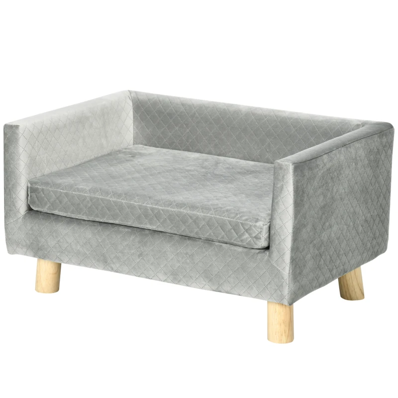 PawHut Sofá cama para perros diseño escandinavo con cojín mullido patas de madera maciza dim. 64 x 45 x 36 cm terciopelo gris