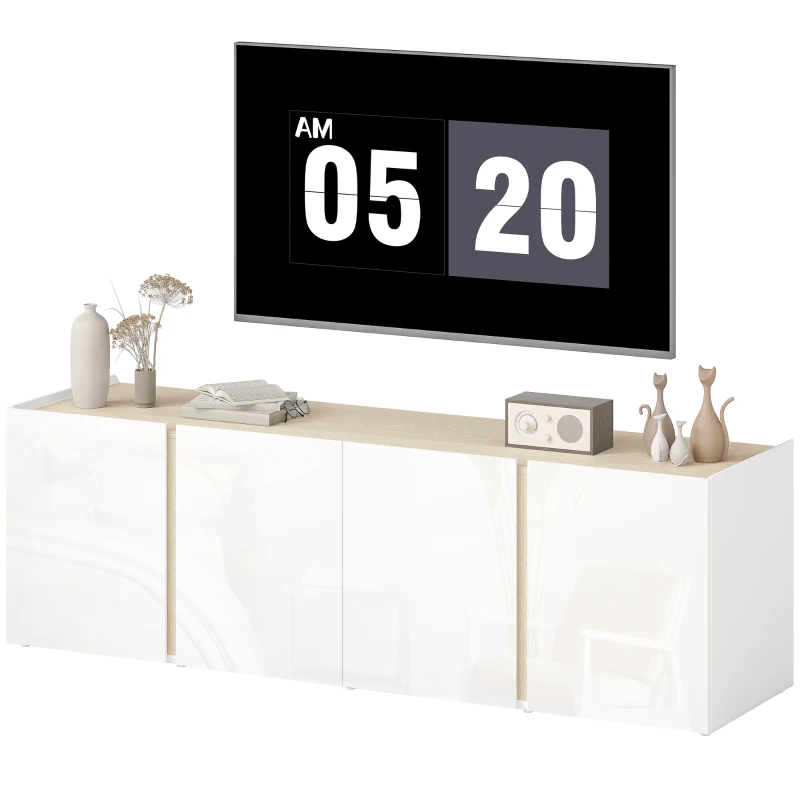 HOMCOM Meuble TV, banc TV avec 4 portes à fermeture amortie, étagère réglable et passe-câbles, 135 x 38 x 45 cm, blanc