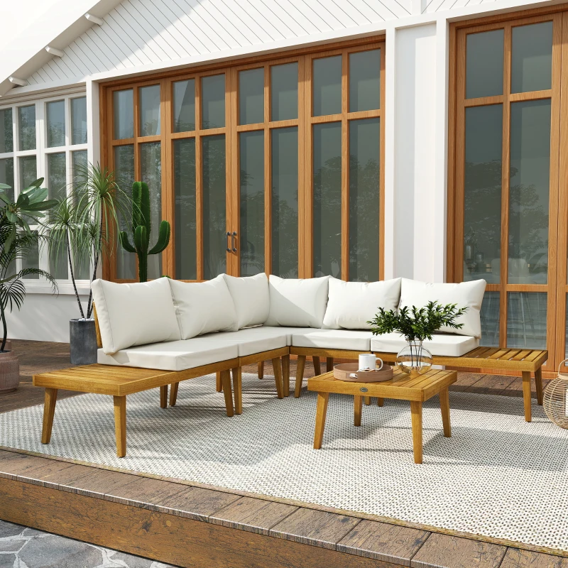 Outsunny Conjunto de jardín exterior de 5 plazas modular en madera de acacia, sofá de esquina exterior con mesa de centro y cojines