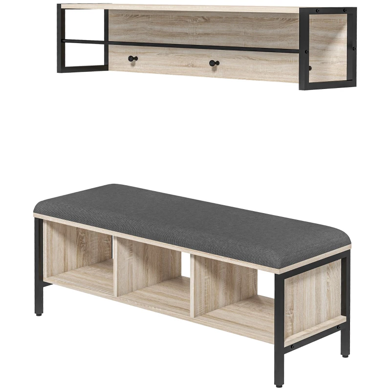 HOMCOM Conjunto de mueble de entrada 2-en-1 banco para zapatos 3 casilleros y perchero de pared 3 ganchos y barra natural y Negro
