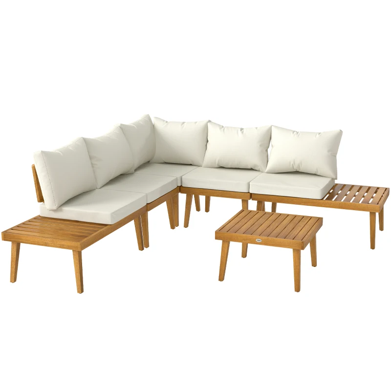 Outsunny Conjunto de jardín exterior de 5 plazas modular en madera de acacia, sofá de esquina exterior con mesa de centro y cojines