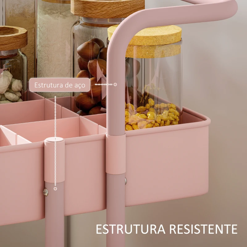 HOMCOM Carrinho de Cozinha Carrinho de Armazenamento com 4 Ganchos 3 Cestas Removíveis 3 Caixas Suspensas 42x38x86,5 cm Rosa