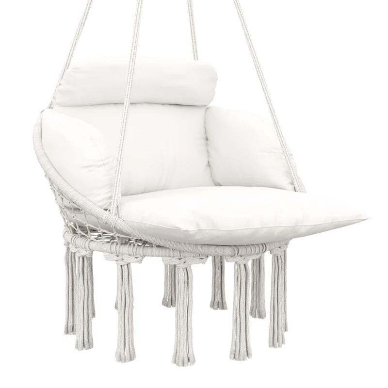 Outsunny Silla colgante con gran cojín relleno hamaca sillón colgante con flecos kit de suspensión 80 x 60 x 40 cm crema