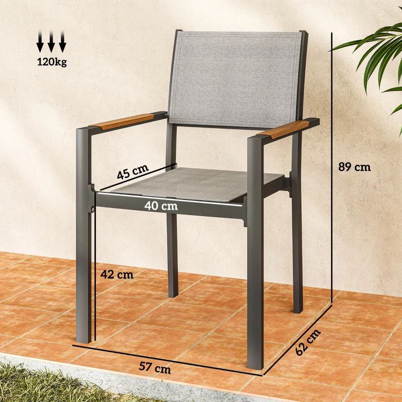 Outsunny Lote de 4 sillas de jardín, sillas de comedor con apoyabrazos de efecto madera estructura de aluminio, Gris claro