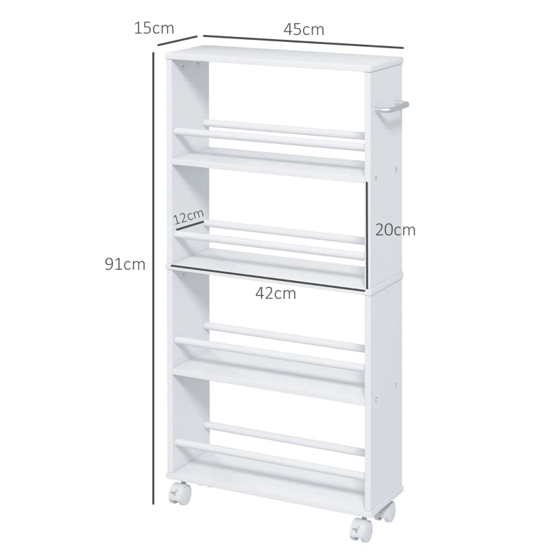 HOMCOM Carrito de almacenamiento de 4 niveles, carretilla con ruedas y asas, carrito estrecho, 45x15x91 cm, Blanco