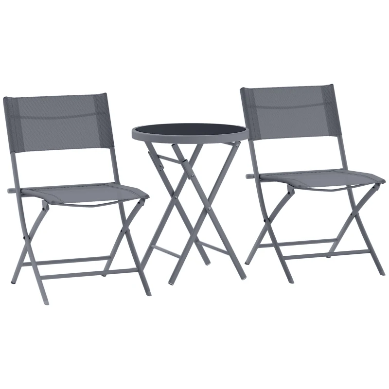 Outsunny Conjunto de bistrot 3 piezas plegable en metal, 2 sillas y 1 mesa redonda, sala de jardín exterior 2 personas, gris
